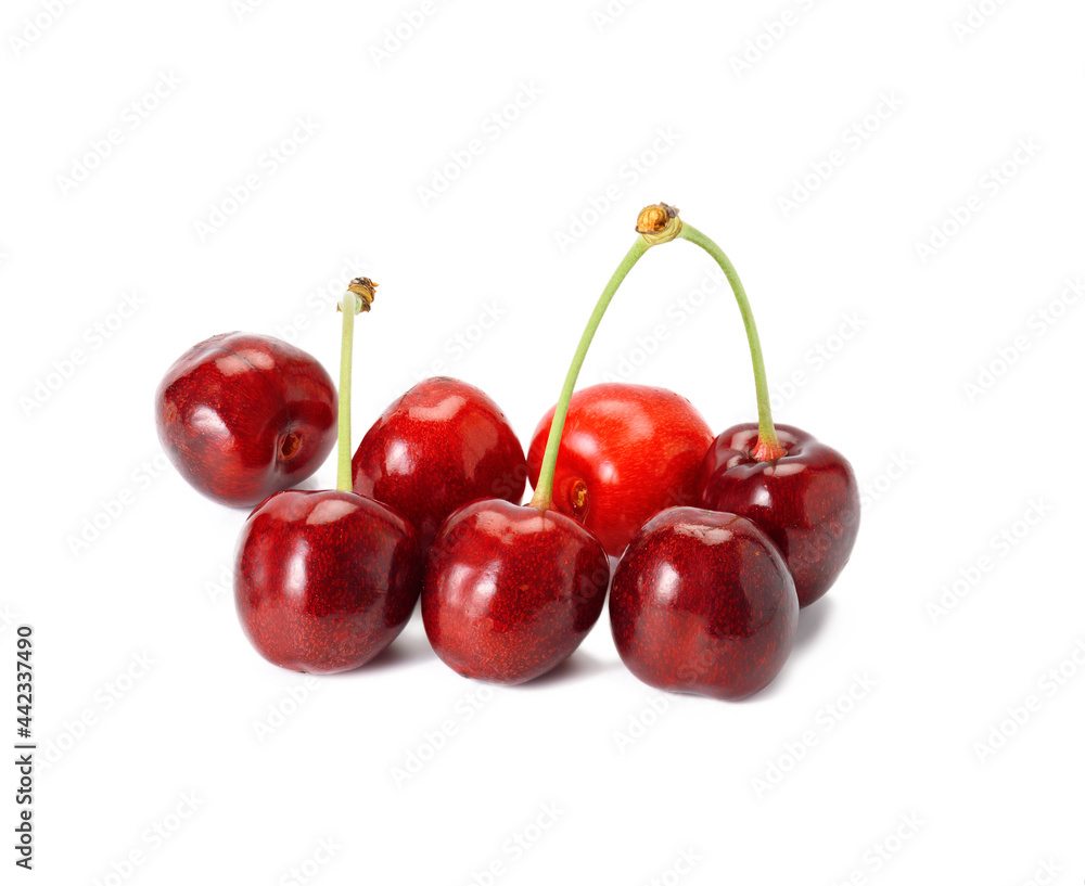 ripe red cherry with stalk isolated on white background, delicious fruit ripe red cherry with stalk isolated on white background, delicious fruit