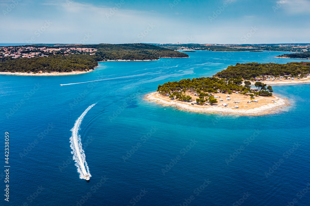 Speed boat in Istria, Croatia island Adriatic Sea blue water	
