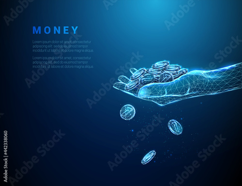 Abstract blue giving hand with pile of coins and coins falling down