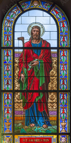 PRAGUE, CZECH REPUBLIC - OCTOBER 13, 2018: The apostle Saint James the Lees in the stained glass of the church kostel Svatého Václava  (end of 19. cent). photo