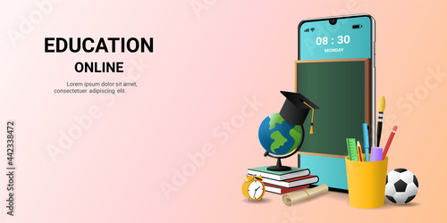 Digital online education with board, books, stationery and globe on smartphone. Digital Classroom. Use for website, banner and Landing page template .Back to school concept. 3D vector illustration