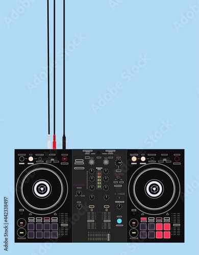 Background for DJ posters. DJ controller in detail. Musical computer equipment. Icon for online store. DJ- image for printing on a t-shirt. Image for application on a smartphone case. Nightlife theme.