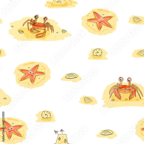 Seashore seamless pattern with crabs and starfishes