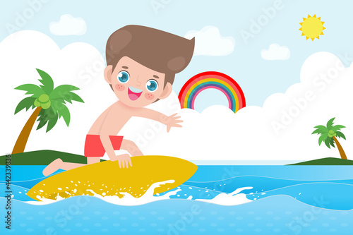 Hello summer banner template cute surfer kid character with surfboard and riding on ocean wave. Happy young surfer on the crest wave, summer time flat vector illustration isolated on background