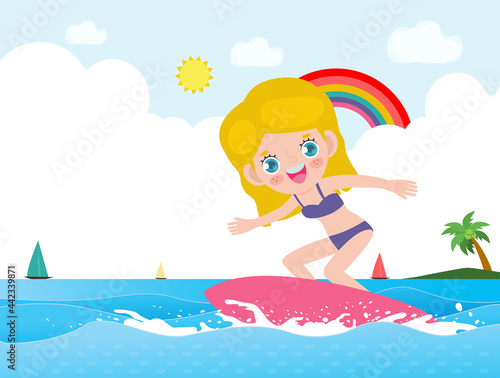 Hello summer banner template cute surfer kid character with surfboard and riding on ocean wave. Happy young surfer on the crest wave, summer time flat vector illustration isolated on background