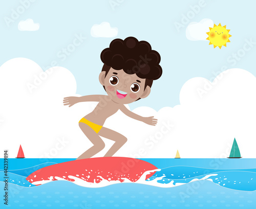 Hello summer banner template cute surfer kid character with surfboard and riding on ocean wave. Happy young surfer on the crest wave, summer time flat vector illustration isolated on background