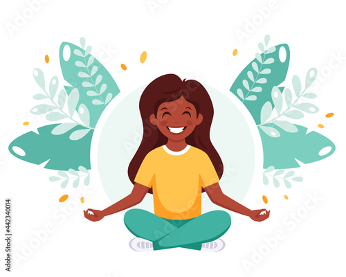 Indian girl meditating in lotus pose. Gymnastic  meditation for children. Vector illustration