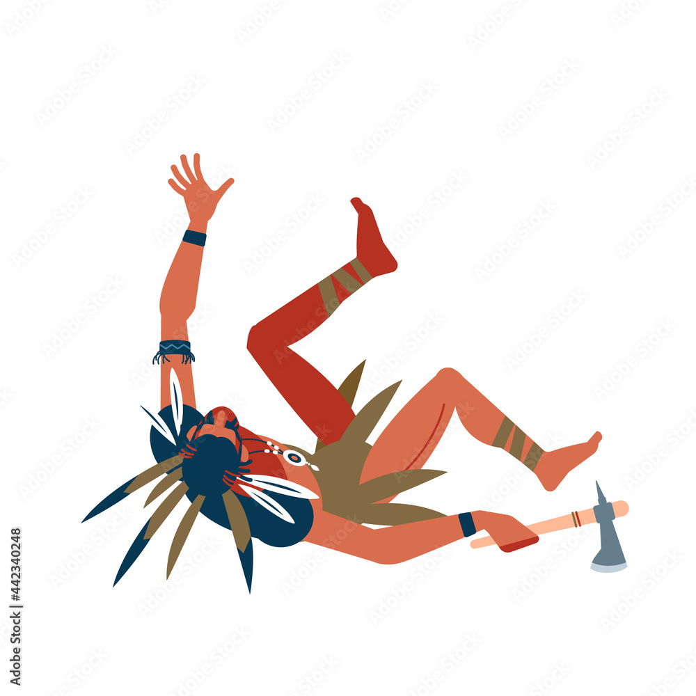 Native American Indian warrior man, wounded during a battle. Cartoon