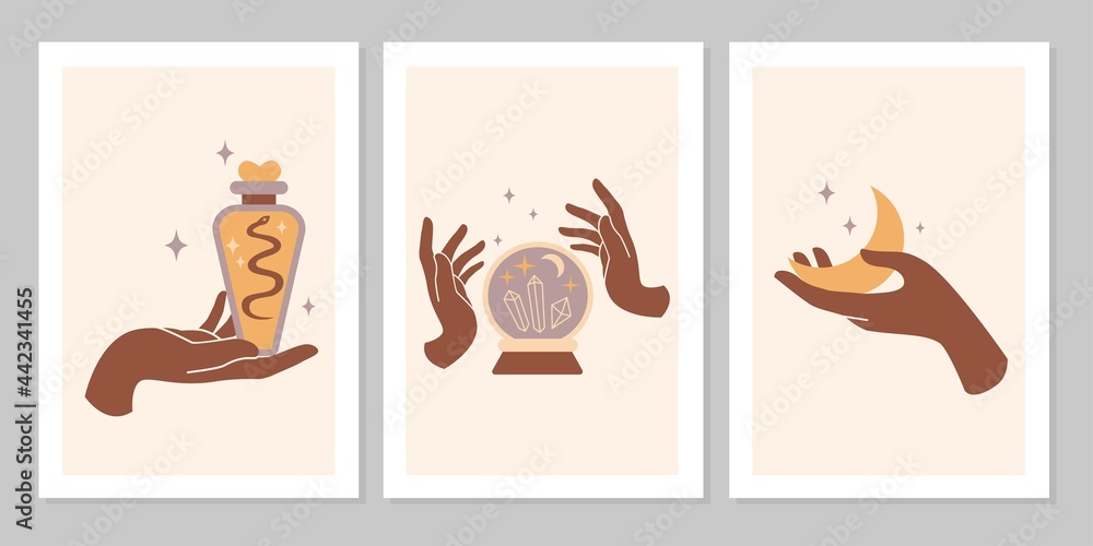 Fototapeta premium Mystic boho set of female hands and symbols, moon, cristal, snake, star, glass. Vector magic flat illustration. Trendy minimalist signs for design of cosmetics, jewelry, handmade products, background