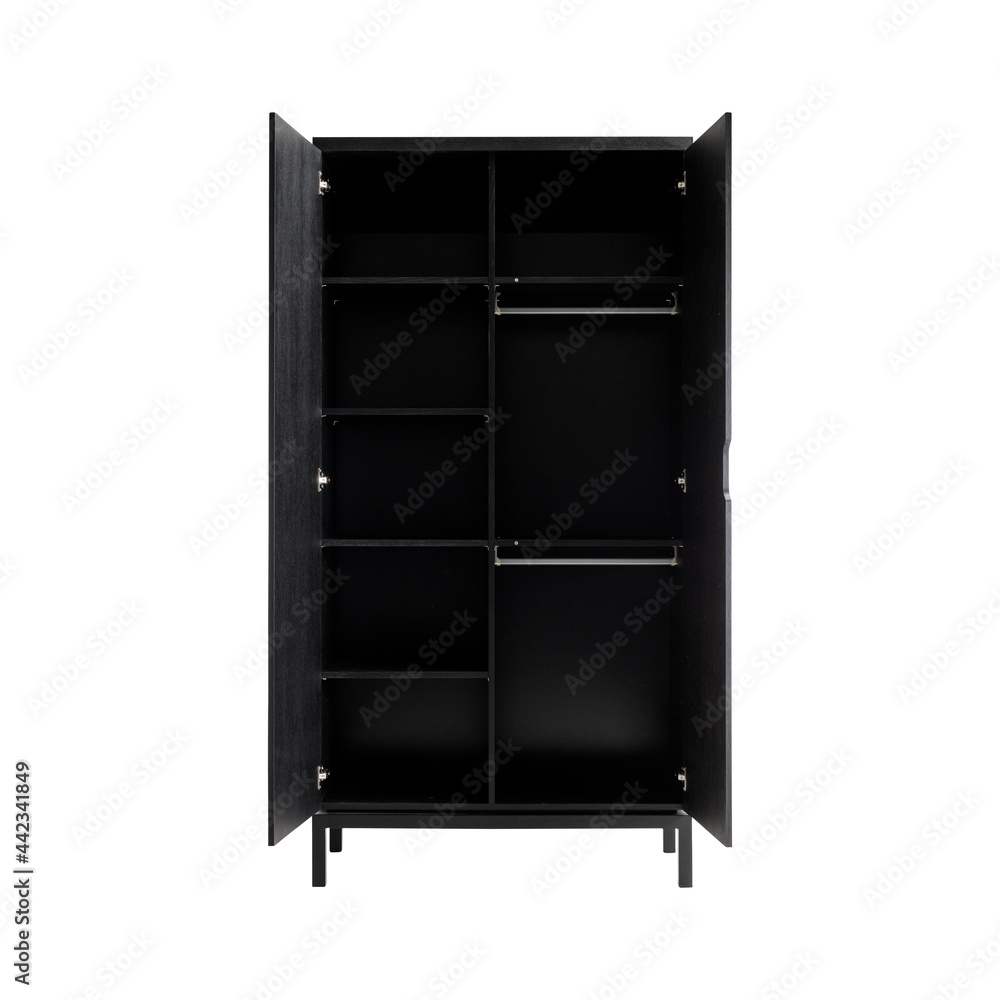 Black wooden open doors cabinet wardrobe isolated on a white background Black wooden open doors cabinet wardrobe isolated on a white background