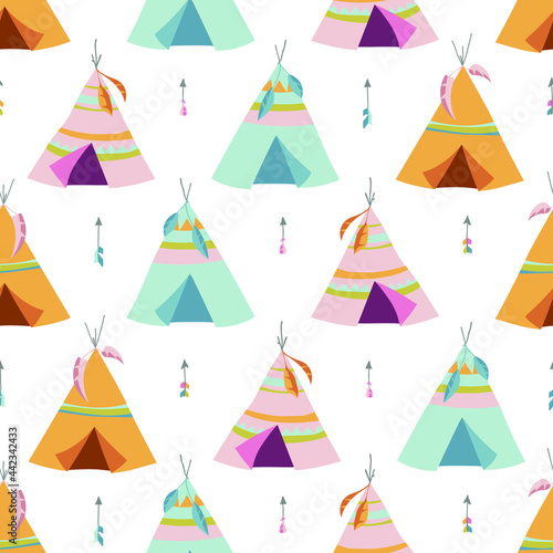 Seamless vector pattern of multicolored wigwams on a white background