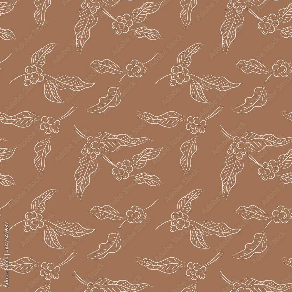 Coffee leaves and berries seamless pattern. Simple graphic ink illustration.