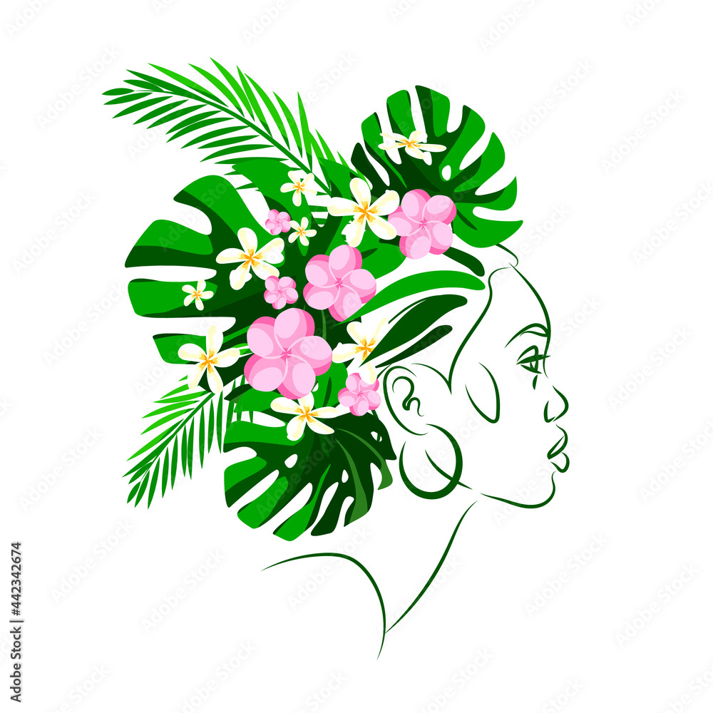 Portrait of an African woman with a bouquet of tropical leaves and flowers. Botanical symbol. Beauty saloon logo. Portrait of an African woman with a bouquet of tropical leaves and flowers. Botanical symbol. Beauty saloon logo.