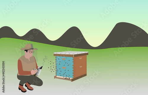 A beekeeper dressed as a beekeeper with a smoke in his hands serves hives with bees. The beekeeper controls the bees in the crouched position