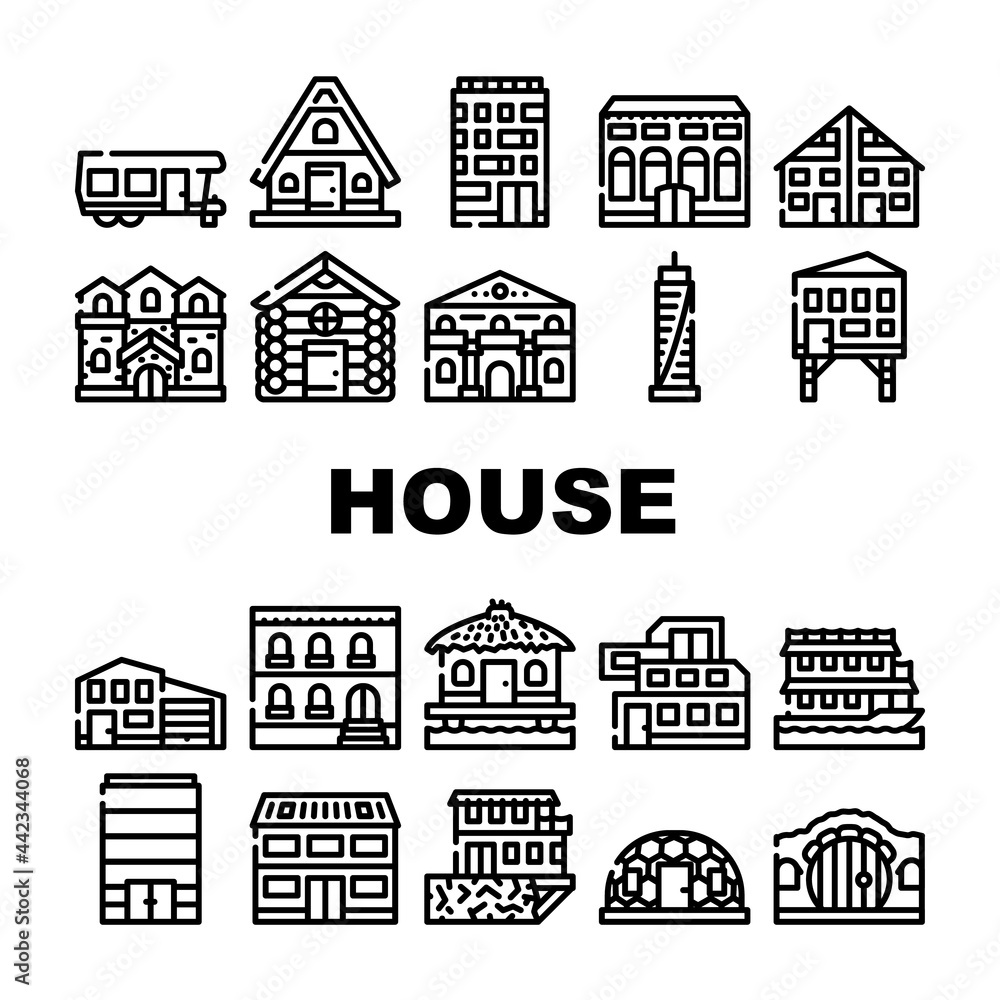 House Real Estate Collection Icons Set Vector. Bungalow On Water And Skyscraper Office Building, Cottage And Residence, Modern And Medieval House Contour Illustrations