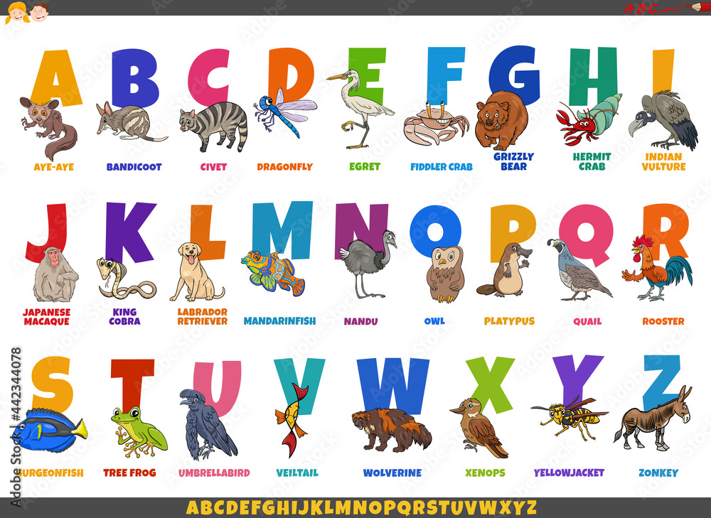 cartoon alphabet set with comic animal characters