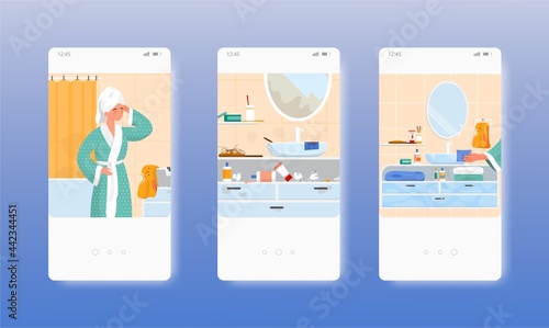 Messy and clean bathroom, before after cleaning. Mobile app screens, vector website banner template. UI, web site design