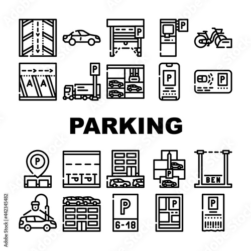 Parking Transport Collection Icons Set Vector. Electronic Parking Ticket And Pass Card, Gps Mark Location On Map And Electronic Gates Contour Illustrations