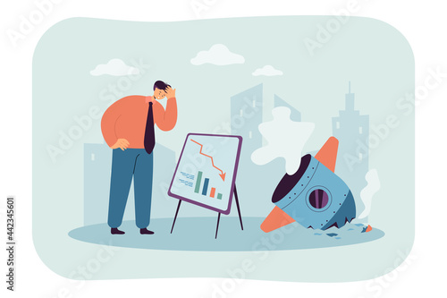 Bankrupt businessman with bad strategy and debris of rocket. Unsuccessful plan or idea, space vehicle crashing and falling flat vector illustration. Business or startup failure concept for banner