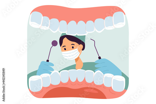 Cute dentist wearing mask and open mouth of patient. White teeth, animated dental checkup flat vector illustration. Oral hygiene, dentistry concept for banner, website design or landing web page