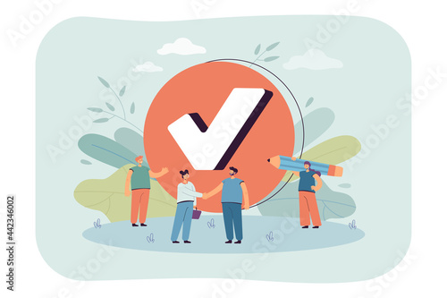 Tiny business people with checkmark. Check in checklist, woman thanking man for good job flat vector illustration. Job done, time management concept for banner, website design or landing web page