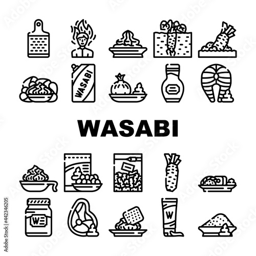 Wasabi Japanese Spice Collection Icons Set Vector. Sushi And Snack With Wasabi, Meat And Fish With Asian Flavoring, Tube And Bottle Package Contour Illustrations