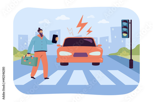 Careless pedestrian looking at phone at crosswalk. Car driving towards man crossing zebra on green traffic light, danger of accident flat vector illustration. Road safety, traffic rules concept