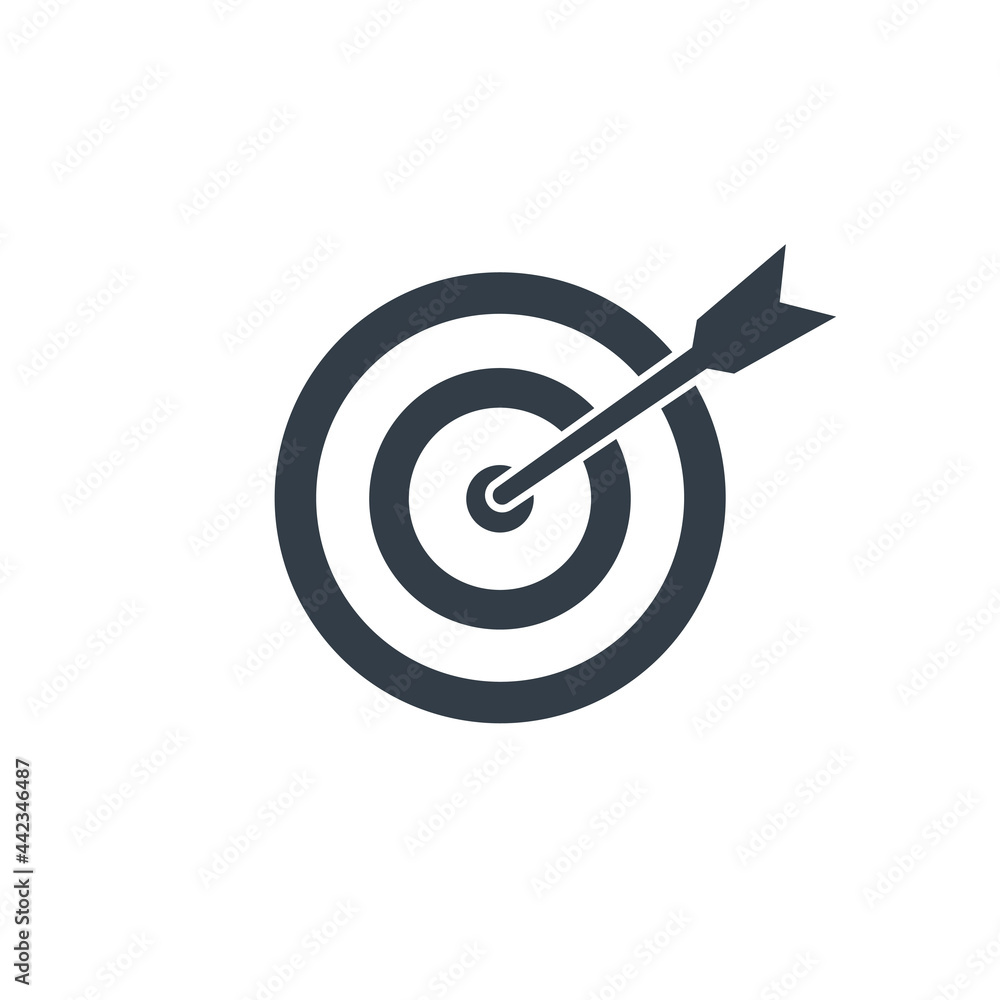 Target with arrow black icon. Goal line symbol. Successful shoot. Business aim pictogram. Darts element. Vector illustration isolated on white Target with arrow black icon. Goal line symbol. Successful shoot. Business aim pictogram. Darts element. Vector illustration isolated on white