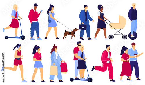 Set of multiethnic people. Diverse men and women walk around. Athlete jogging. The guy is riding on an unicycle monowheel. The couple is riding an electric scooter. The girl is walking the dog.