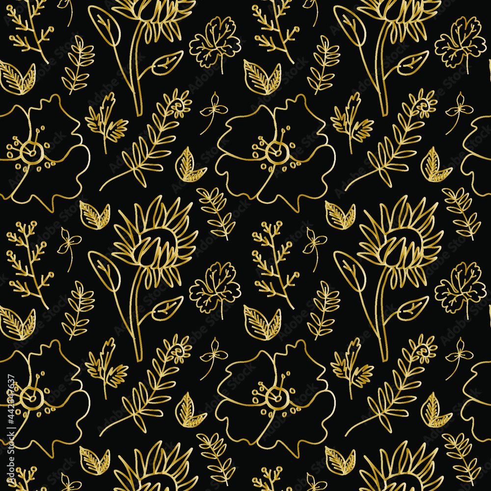 Seamless vector pattern with gold elements on black isolated background. Festive, botanical print in doodle style hand drawn.Design for wrapping paper, textiles, packaging, fabric,social media, web