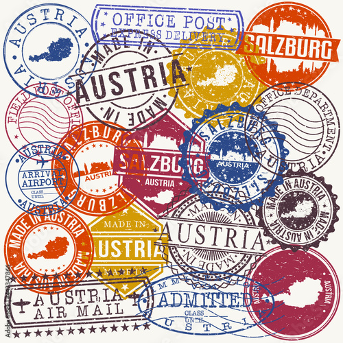 Salzburg Austria Set of Stamps. Travel Stamp. Made In Product. Design Seals Old Style Insignia.