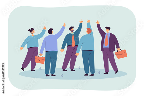 Team of people pointing fingers upward. Flat vector illustration. Business workers, partners posing together rearing hands up, achieving goals, striving for success. Teamwork, motivation concept