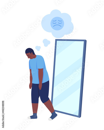 Obese teenager boy semi flat color vector character. Walking figure. Full body person on white. Teen problems isolated modern cartoon style illustration for graphic design and animation