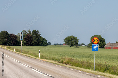 travel sweden and scandinavia, speed limit and speed camera on a secondary road in sweden