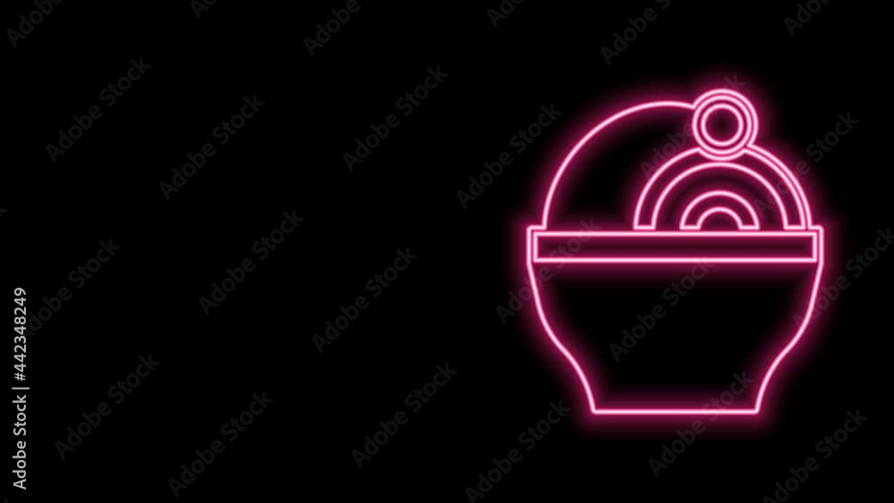 Glowing neon line Ramen soup bowl with noodles icon isolated on black background. Bowl of traditional asian noodle soup. 4K Video motion graphic animation Glowing neon line Ramen soup bowl with noodles icon isolated on black background. Bowl of traditional asian noodle soup. 4K Video motion graphic animation