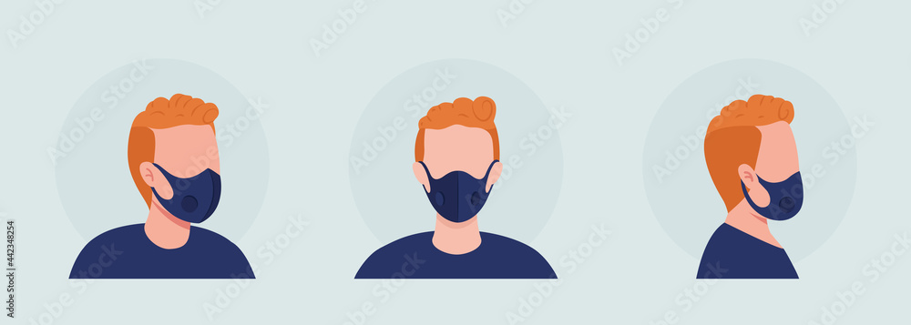 Red haired semi flat color vector character avatar with mask set. Portrait with respirator from front and side view. Isolated modern cartoon style illustration for graphic design and animation pack