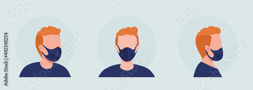 Red haired semi flat color vector character avatar with mask set. Portrait with respirator from front and side view. Isolated modern cartoon style illustration for graphic design and animation pack