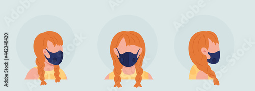 Red haired girl semi flat color vector character avatar with mask set. Portrait with respirator from front, side view. Isolated modern cartoon style illustration for graphic design and animation pack