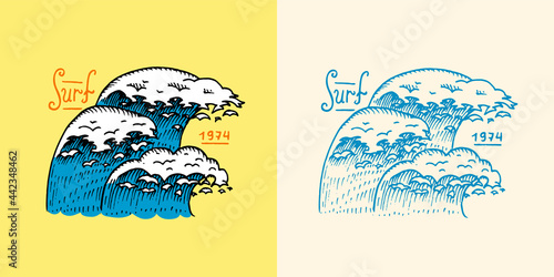 Sea wave emblem. Surfing sign. Summer Surf. Blue water. Vintage tide. Engraved emblem hand drawn. Retro poster or banner
