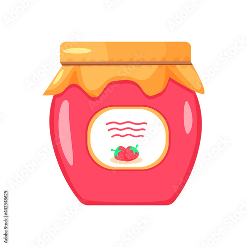 Jar of strawberry jam in flat cartoon style. Vector illustration. Isolated on white background.