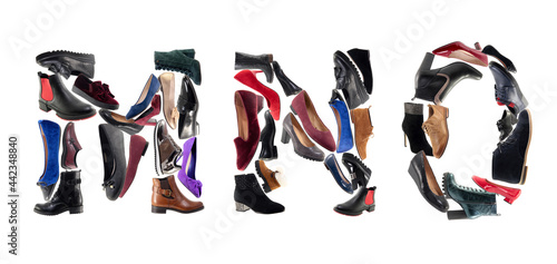  Alphabet shoes. MNO letters from shoes isolated on white background. Letters are made from different shoes.