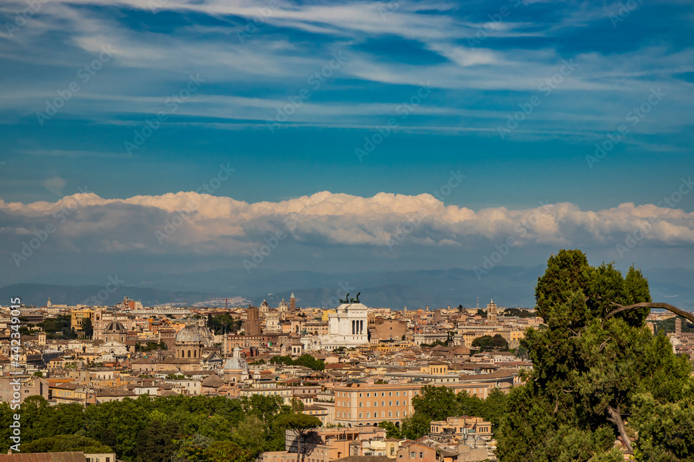 Rome, Lazio, Italy - The beautiful panorama of the city, seen from the top of the Janiculum (Janiculum). The splendid view of the historic buildings, churches and unique monuments of the Eternal City.