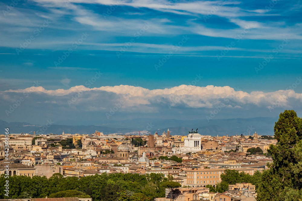 Naklejka premium Rome, Lazio, Italy - The beautiful panorama of the city, seen from the top of the Janiculum (Janiculum). The splendid view of the historic buildings, churches and unique monuments of the Eternal City.
