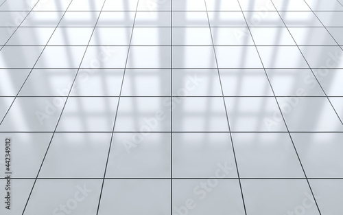 White glossy ceramic tile floor in front of window. 3d rendering