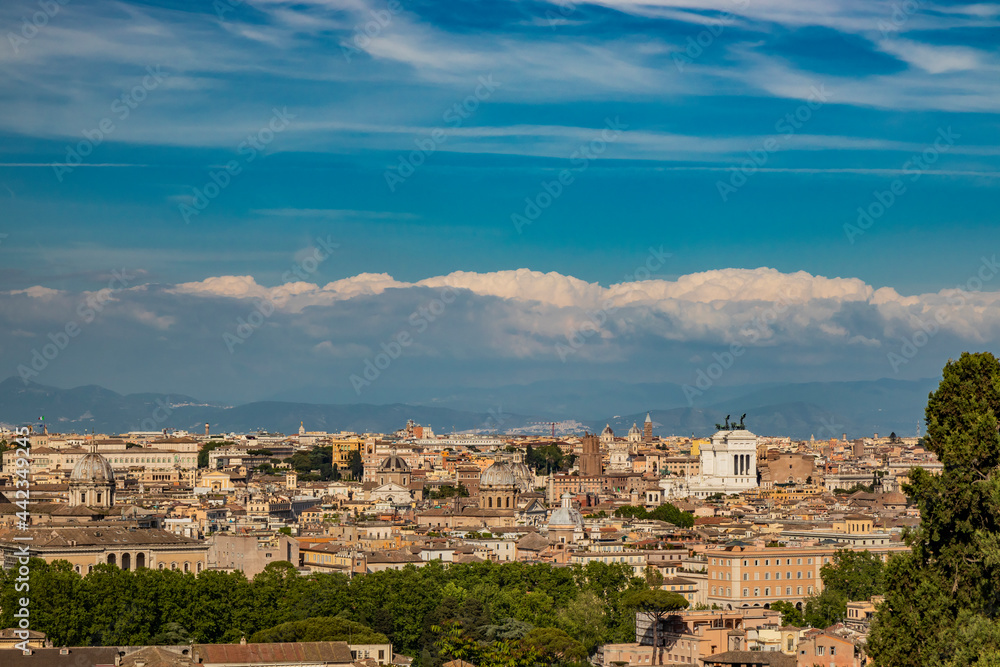 Rome, Lazio, Italy - The beautiful panorama of the city, seen from the top of the Janiculum (Janiculum). The splendid view of the historic buildings, churches and unique monuments of the Eternal City.