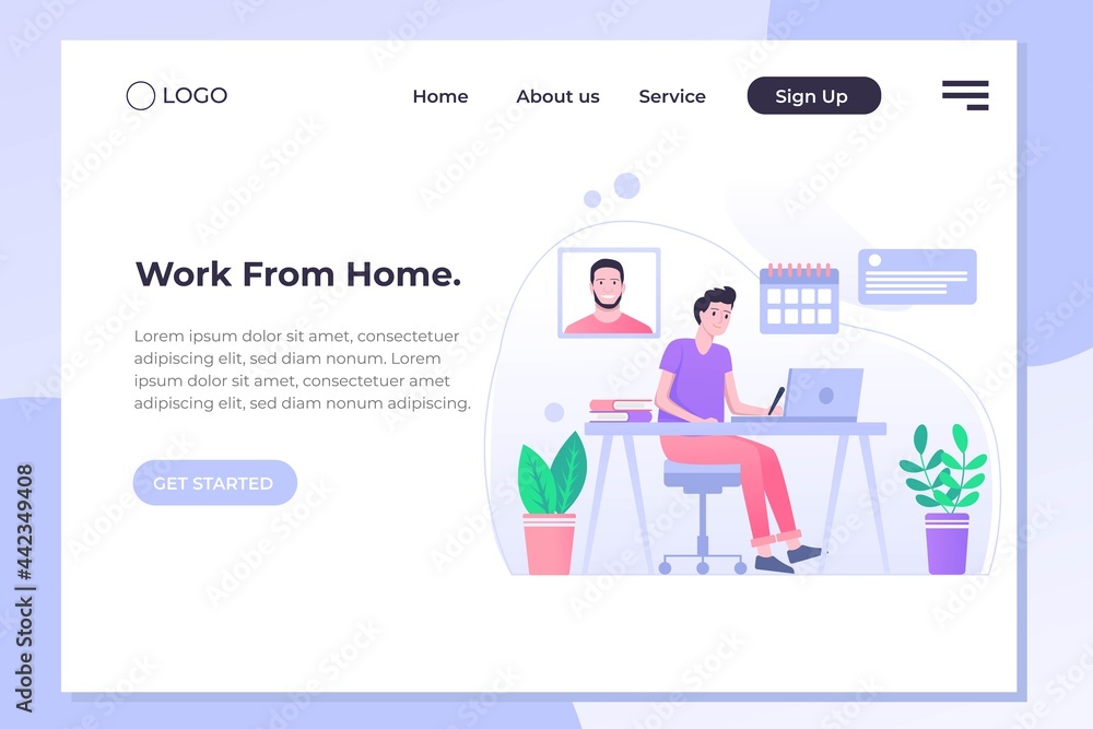 Talking online, concept of working at home. Character sitting at the office looking screen on the desk. Office character working online. Man at home sitting looking for work Vector Illustration Talking online, concept of working at home. Character sitting at the office looking screen on the desk. Office character working online. Man at home sitting looking for work Vector Illustration