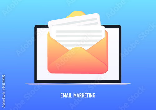 Email marketing, online advertising concept. Laptop with envelope and read emails on the screen. Vector illustration on an isolated background. Web banner