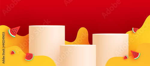Summer banner product display podium scene with bubble forms,watermelon slices on yellow background. Season promotion illustration.
