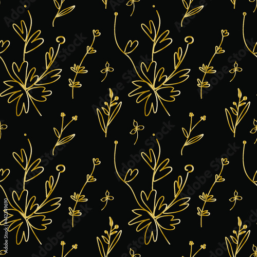 Fototapeta Naklejka Na Ścianę i Meble -  Seamless vector pattern with gold elements on black isolated background. Festive, botanical print in doodle style hand drawn.Design for wrapping paper, textiles, packaging, fabric,social media, web