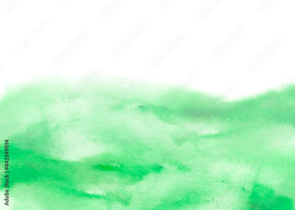 Obraz premium Watercolor green background, blot, blob, splash of green paint. Watercolor field, meadow, spot, abstraction. Wild grass, bushes, country abstract landscape. Watercolor card, banner. splashing